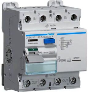 Hager RCCB- Întrerupător Diferențial 4P (3P+N), 25A,  30mA, 10kA, tip B, 4M, Bi-Connect