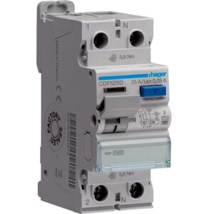Hager RCCB- Întrerupător Diferențial 2P (1P+N), 25A,  30mA, 10kA, tip F, 2M, Bi-Connect