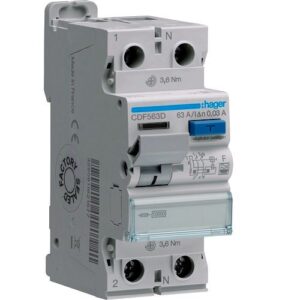 Hager RCCB- Întrerupător Diferențial 2P (1P+N), 63A,  30mA, 10kA, tip F, 2M, Bi-Connect
