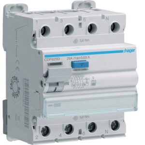 Hager RCCB- Întrerupător Diferențial 4P (3P+N), 25A,  30mA, 10kA, tip F, 4M, Bi-Connect