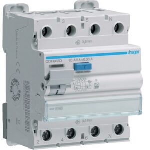 Hager RCCB- Întrerupător Diferențial 4P (3P+N), 63A,  30mA, 10kA, tip F, 4M, Bi-Connect