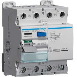 Hager RCCB- Întrerupător Diferențial 4P (3P+N), 63A, 100mA, 10kA, tip B, 4M, Bi-Connect
