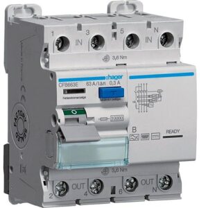 Hager RCCB- Întrerupător Diferențial 4P, 63A, 300mA, 10kA, tip B, 4M, Bi-Connect