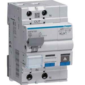 Hager AFDD+RCBO- Dispozitiv protecție arc electric 2P (1P+N), 25A,  30mA, curba C,  6kA, tip A, 3M, QuickConnect