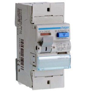 Hager RCCB- Întrerupător Diferențial 2P (1P+N), 63A, 100mA,  6kA, tip A, 2M, Bi-Connect