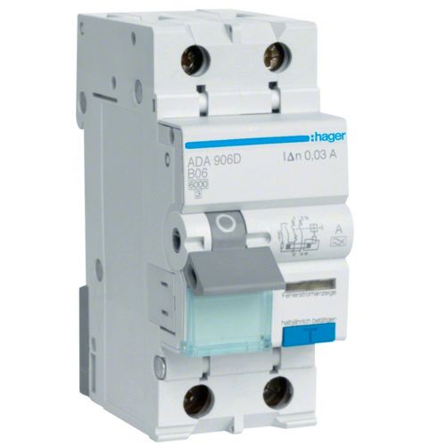 Hager RCBO- Disjunctor diferential 2P (1P+N), 6A, 30mA, curba B, 6kA, tip A, 2M