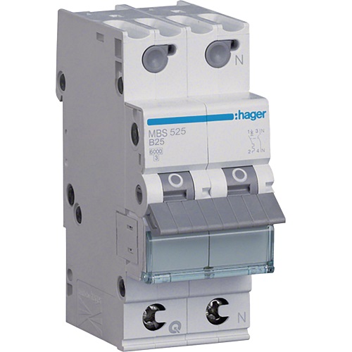Hager MCB- Disjunctor 2P (1P+N), 25A, 6kA, curbă B, 2M, QuickConnect