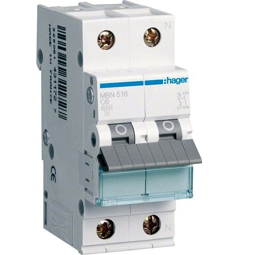 Hager MCB- Disjunctor 2P (1P+N), 16A, 6kA, curba B, 2M, Bi-Connect