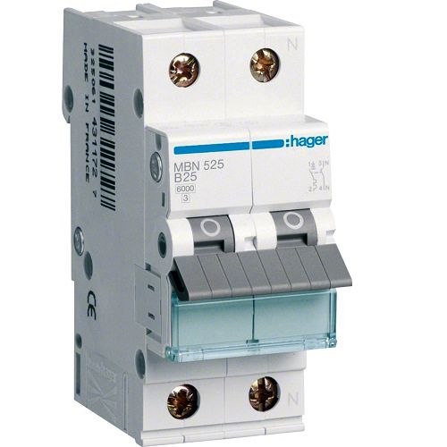 Hager MCB- Disjunctor 2P (1P+N), 25A, 6kA, curba B, 2M, Bi-Connect