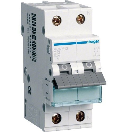 Hager MCB- Disjunctor 2P (1P+N), 13A, 6kA, curba C, 2M, Bi-Connect