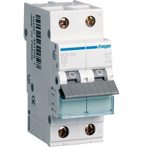 Hager MCB- Disjunctor 2P (1P+N), 20A, 6kA, curba C, 2M, Bi-Connect