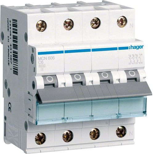 Hager MCB- Disjunctor 4P (3P+N), 6A, 6kA, curba C, 4M, Bi-Connect