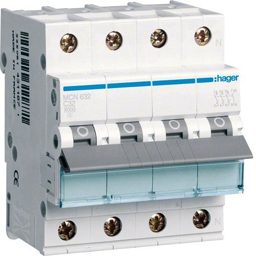 Hager MCB- Disjunctor 4P (3P+N), 32A, 6kA, curba C, 4M, Bi-Connect