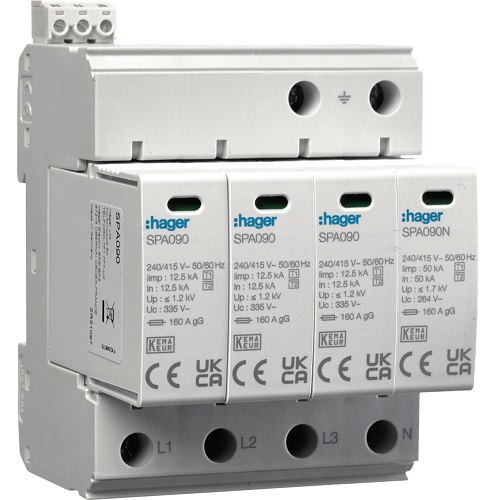 Hager SPD- Descarcator supratensiune tip 1+2, 4P, 12,5/50kA, TN-S/TT, 4M, contact semnalizare