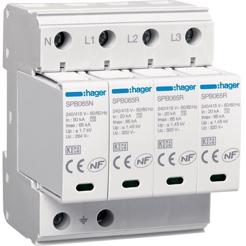 Hager SPD- Descarcator supratensiune tip 2, 4P, 65kA, TN-S/TT, 4M, contact semnalizare