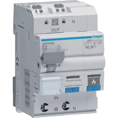 Hager AFDD+RCBO- Dispozitiv protecție arc electric 2P (1P+N), 16A, 30mA, curba B, 6kA, tip A, 3M, QuickConnect