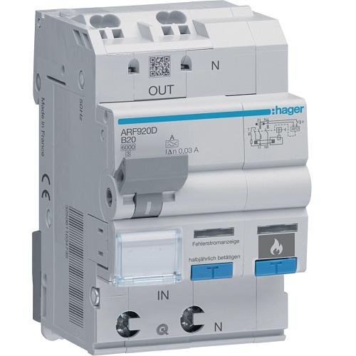 Hager AFDD+RCBO- Dispozitiv protecție arc electric 2P (1P+N), 20A, 30mA, curba B, 6kA, tip A, 3M, QuickConnect