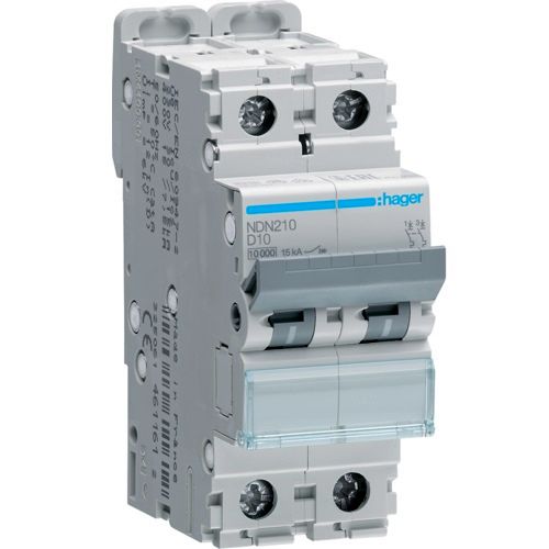 Hager MCB- Disjunctor 2P, 10A, 10kA, curba D, 2M, Bi-Connect