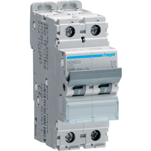 Hager MCB- Disjunctor 2P, 20A, 10kA, curba D, 2M, Bi-Connect
