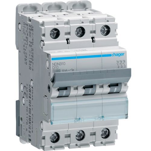 Hager MCB- Disjunctor 3P, 10A, 10kA, curba D, 3M, Bi-Connect