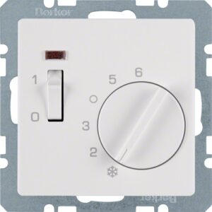 Berker- Termostat analogic 230V (mecanism + tasta frontala), cu intrerupator basculant, indicator LED, alb polar catifelat Q.1/Q.3/Q.7/Q.9