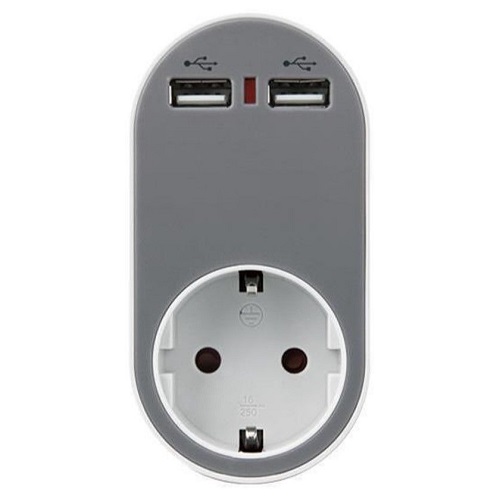 Adaptor priza SCHUKO 16A/2 x port USB, protectie copii, gri