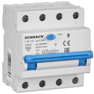 Schrack RCBO AMPARO- Disjunctor diferențial 4P (3P+N), 25A,  30mA,  6kA, tip A, curbă C, 4M