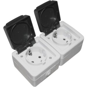 Priza Schuko 16A, dubla, cu capac, gri, aparent, IP54