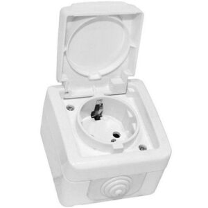 Priza Schuko 16A, simpla, cu capac, alb, aparent, IP54