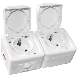 Priza Schuko 16A, dubla, cu capac, alb, aparent, IP54