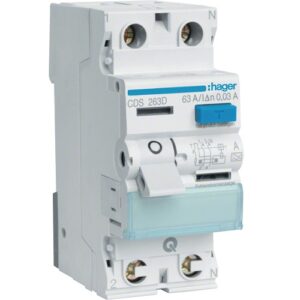 Hager RCCB- Întrerupător Diferențial 2P (1P+N), 63A,  30mA,  6kA, tip A, 2M, QuickConnect