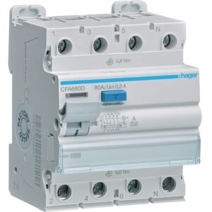 Hager RCCB- Întrerupător Diferențial 4P (3P+N),  80A, 300mA,  6kA, tip A, 4M, Bi-Connect