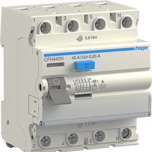 Hager RCCB- Întrerupător Diferențial 4P (3P+N),  40A, 300mA,  6kA, tip A HI, 4M