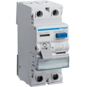 Hager RCCB- Întrerupător Diferențial 2P (1P+N),  63A, 500mA,  6kA, tip A, 2M, Bi-Connect