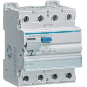 Hager RCCB- Întrerupător Diferențial 4P (3P+N), 100A, 500mA, 10kA, tip A, 4M, Bi-Connect