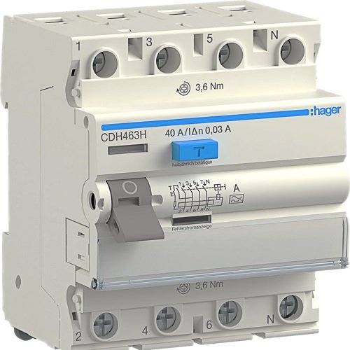Întrerupător Diferențial RCCB 4P (3P+N) 63A 30mA tip A HI 6kA, Hager | CDH463H