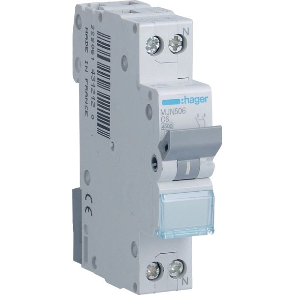 Disjunctor automat MCB 1P+N 6A 4.5kA curbă C, Hager | MJN506
