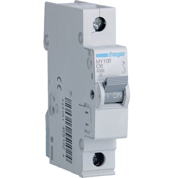 Disjunctor automat MCB 1P 6A 4.5kA curbă C, Hager | MY106