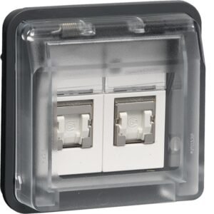 Priză Date Dublă Încastrată RJ45 Cat.6 STP Capac Transparent gri IP55, Hager W.1 | WNA227