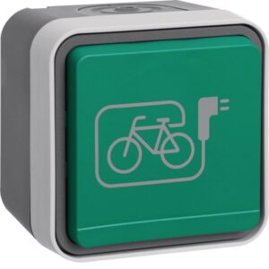 Priză Schuko Aparentă 16A Capac rabatabil verde Simbol E-Bike IP55, Hager W.1 | WNC195