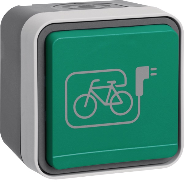 Priză Schuko Aparentă 16A Capac rabatabil verde Simbol E-Bike IP55, Hager W.1 | WNC195